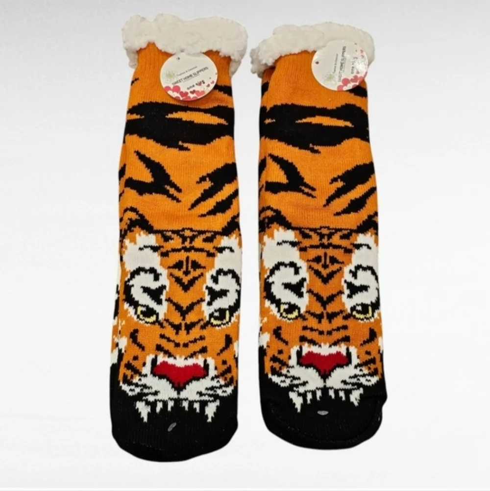Tiger Sherpa Lined Slipper Socks Non Skid One Size